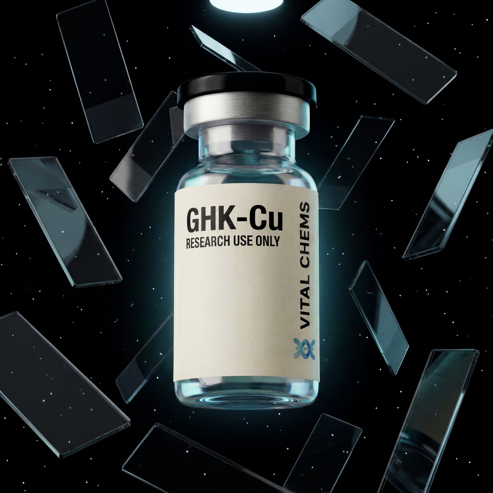 GHK-Cu Vital Chems research vial surrounded by floating microscope slides